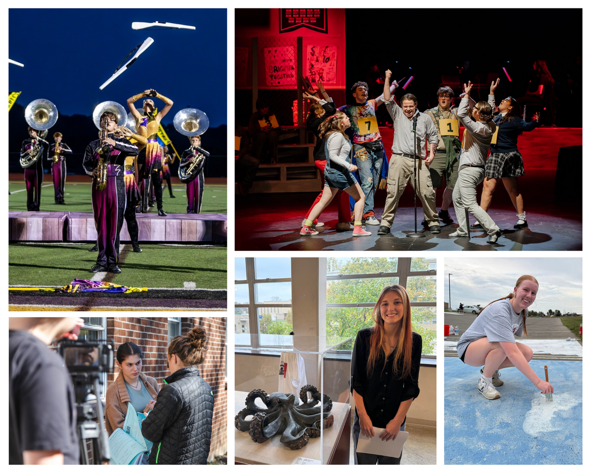 collage of five photos that includes turpin students performing a musical, the FH band during a performance, behind the scenes of a student film, a visual arts student posing with her work and a stude